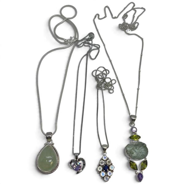 4 New Gemstone Necklaces * All Stamped .925 (Green Prehnite, Amethyst Crystal, Rainbow Moonstones an