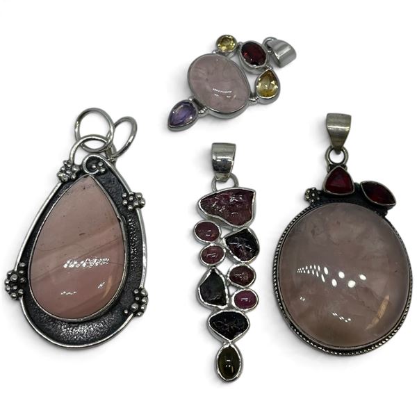 4 New Gemstone Pendants * All Stamped .925 (Rose Quartz, Garnet Crystal, Amethyst Crystal and more) 