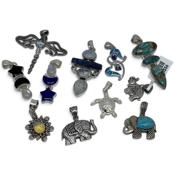 11 New Pendants and Charms - Many with gemstones * All Stamped .925  * Total weight: 45 grams