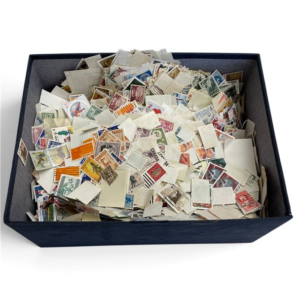 Box of Many Thousands of Used World Stamps - Approximately 50% are Canadian Stamps