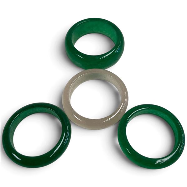 New - 1 Rose Quartz & 3 Jade Green Rings - Average width of 5.7mm ( 2 size 8, 1 size 9 & 1 size 10)
