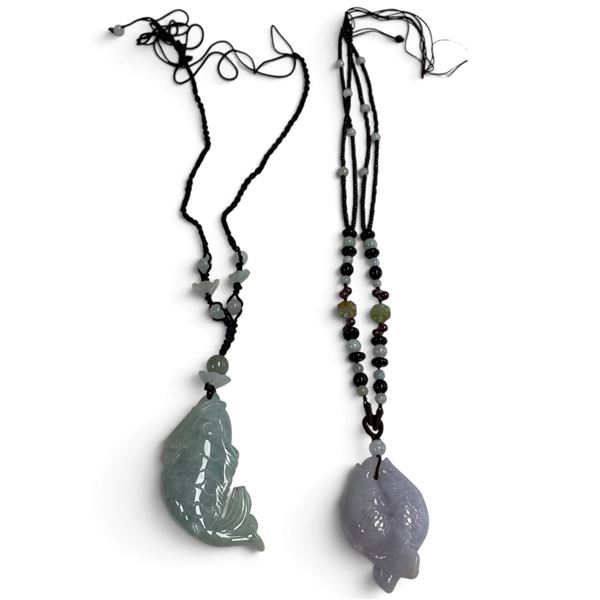 Hand Carved Green Jadeite and Lavender Jadeite Fish Pendants on Beaded Cords - Green Pendant is 31mm