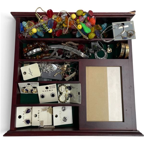 Tray of Vintage Fashion Jewelry & New Laura Earrings on Cards