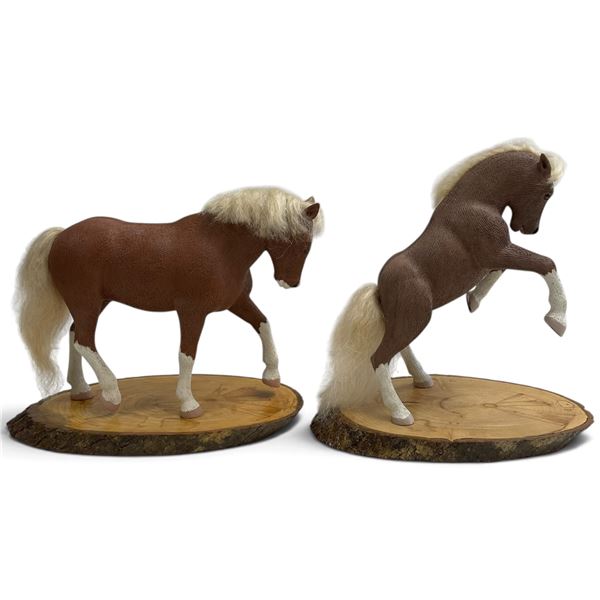 2 Casey Hiebert Hand Carved Horse Figures on Burl Wood Bases- Rearing Horse is 9" tall on a 8" x 5" 