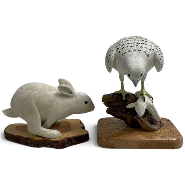 Hand Carved Hunting Owl & Running Rabbit Figure by Casey Hiebert - Owl is 9" tall on a 4" x 6" base