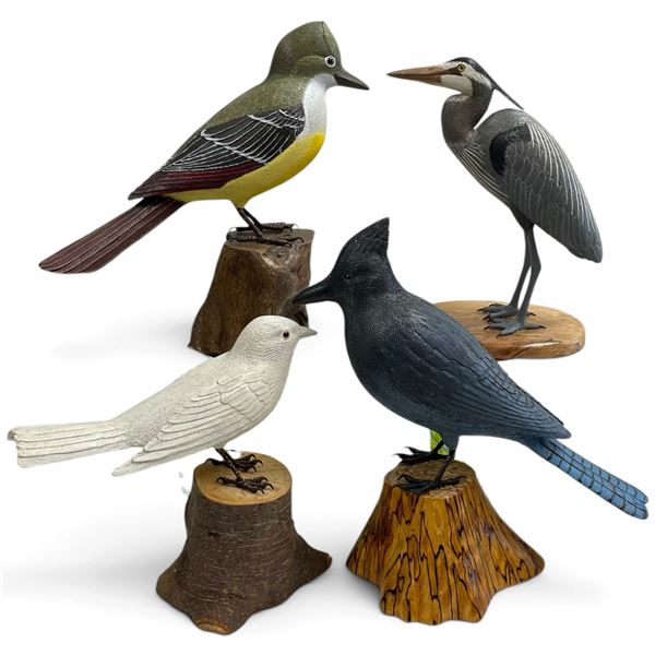 4 Hand Carved Wood Birds by Casey Hiebert - Largest is 9" tall x 10" long