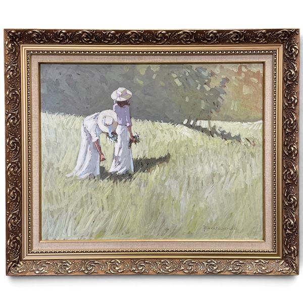 Andre Bertounesque Signed  Painting of Women in Field - Frame dimensions: 25" x 21"