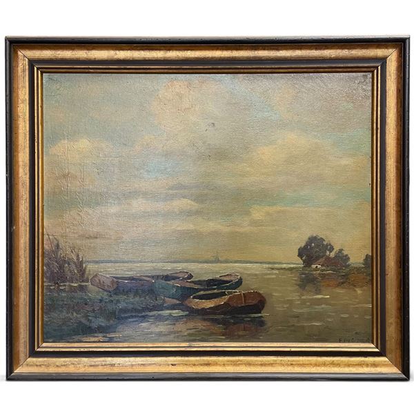 Vintage Evert Pieters Dutch Painting of Boats on the Shore - Frame dimensions: 27" x 44"