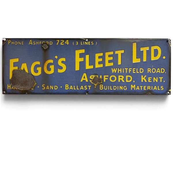 Fagg's Fleet Porcelain Sign - Well Known Salvage and Transport Fleet in England - 8" x 24"