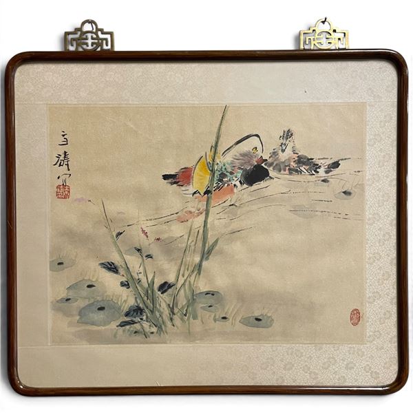 Chinese "Bird & Flower" Ink Wash Painting with Colour Accents - Frame dimensions: 23" x 19"