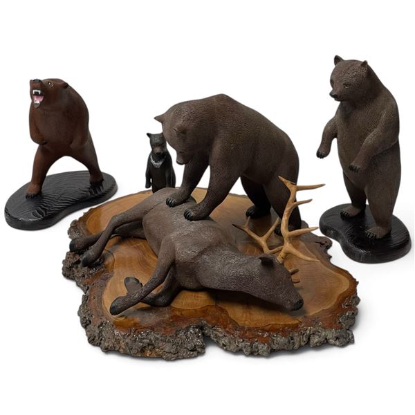 3 Bear Sculptures on Wood Bases - Hunting Bear with Elk & Cub, Observing Bear and Aggressive Bear