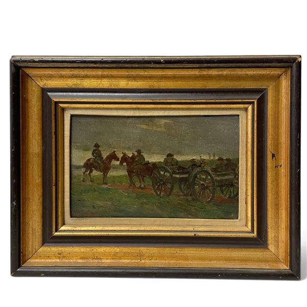 Antique Oil Painting of "Horse & Wagon Being Met" - Singed C. W. Gray on Reverse - Frame measures 14