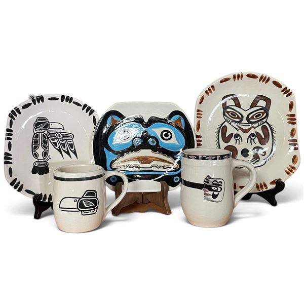 Vintage Lambert Potteries Ceramic Eagle, Bear and Mask Plates with Mugs