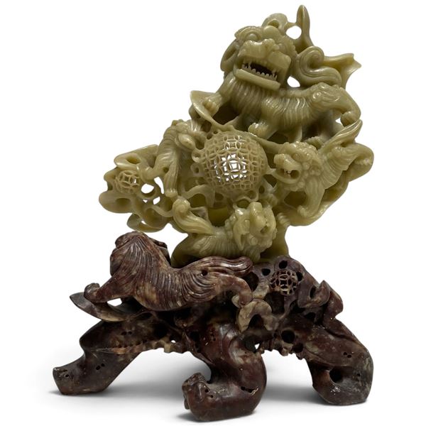 Carved Stone Dragon Figurine with Decorative Stand - 9" tall