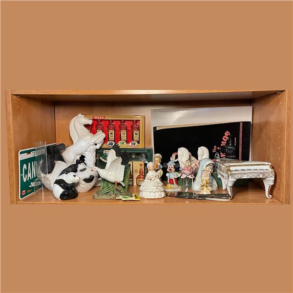 Assorted Collectibles with Figurines, Miniature Piano, Knife and Flamingo House Menu
