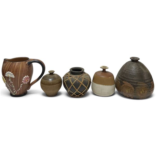 Five Ceramic Vessels Including Pitcher and Lidded Pieces