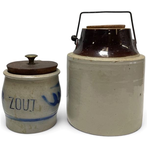 Pair of Glazed Stoneware Crocks with Wooden Lids