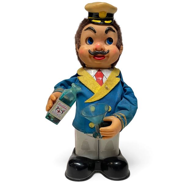 Vintage Tin Toy Bartender Figure with Bottle and Martini Glass