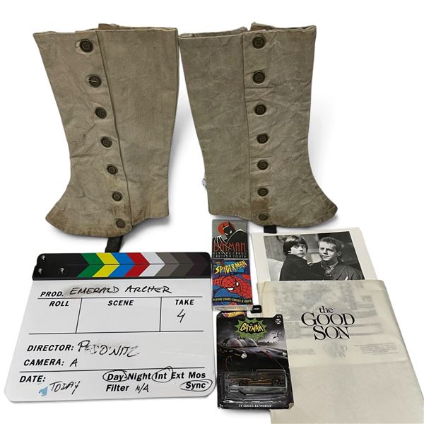 Movie Memorabilia with Canvas Gaiters, Emerald Archer Clapperboard and Batman Collectibles