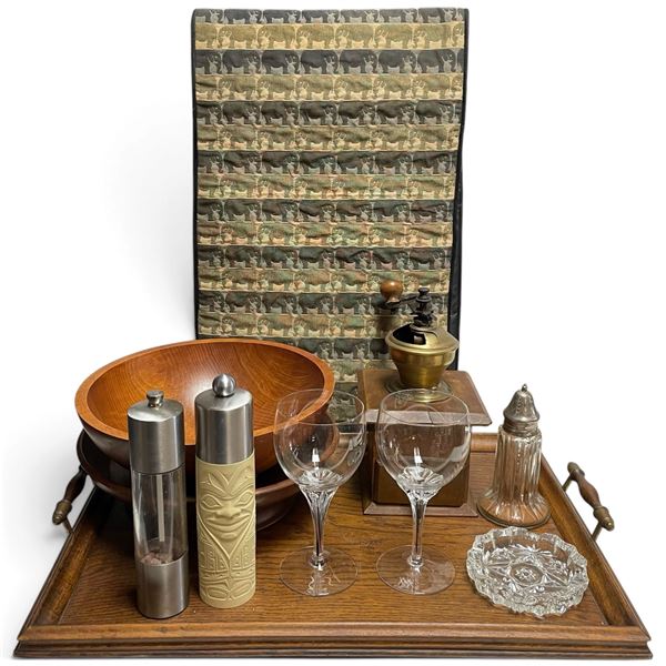 Mixed Barware, Glassware and Serving Pieces with Wooden Tray