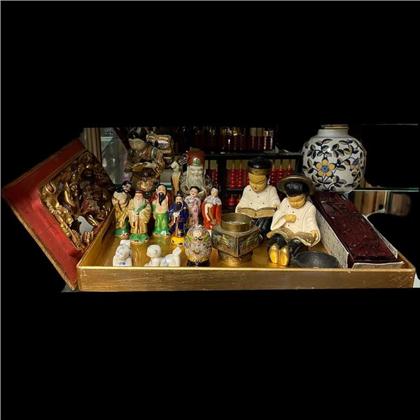 Decorative Figurines, Ornamental Egg, Metal Vessel and New Carved Panel