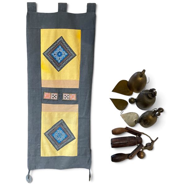 Embroidered Textile Hanging with Metal Bells and Wooden Ornaments