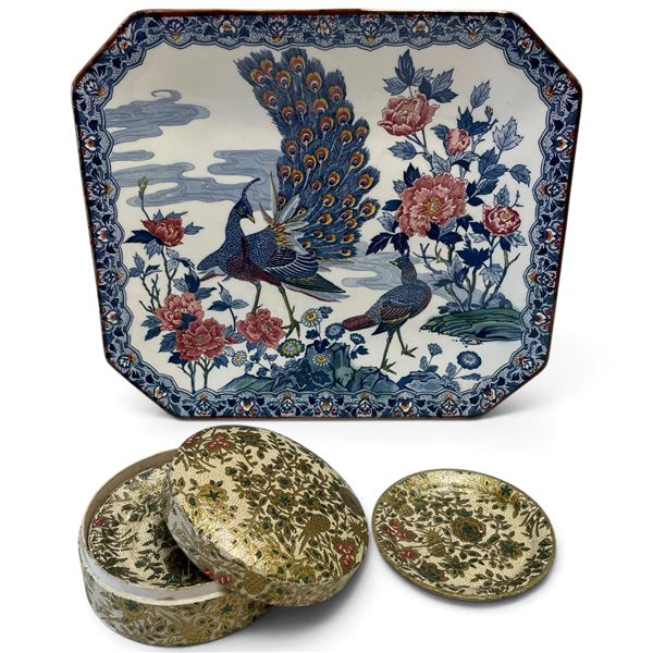 Made in Japan Peacock Motif Tray with Floral Trinket Dishes