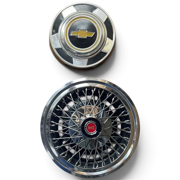 Pair of Automotive Hubcaps Including Chevrolet Logo and Wire-Spoke Design