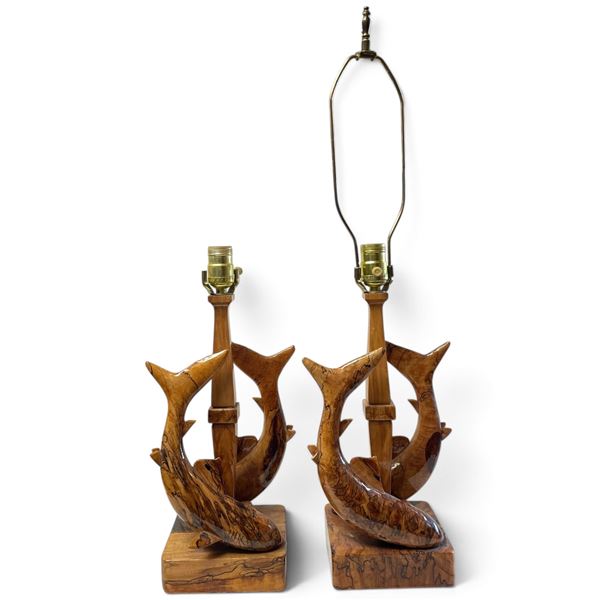 Pair of Carved Wooden Fish Table Lamps by C. Hiebert