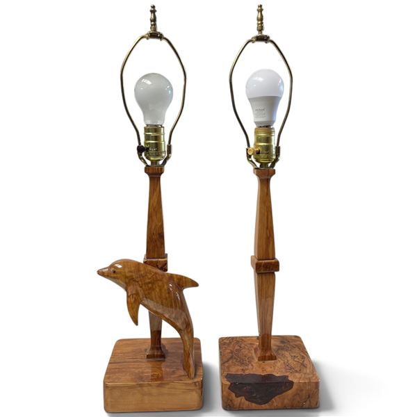 Pair of Carved Wooden Dolphin Table Lamps by C. Hiebert