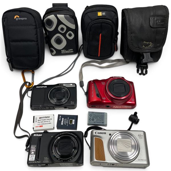 Canon, Nikon and Olympus Digital Camera Collection with Cases