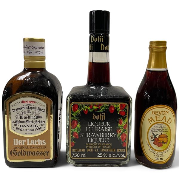 Goldwasser, Dolfi Strawberry Liqueur 750 mL and Devon Mead 300 mL Bottles
