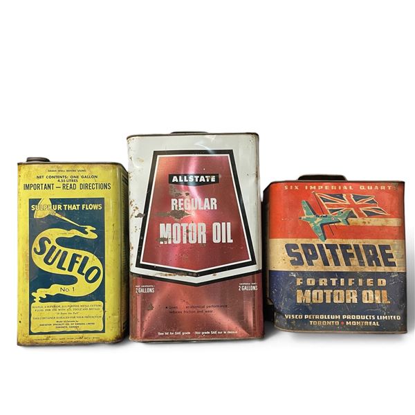 Sulflo, Allstate and Spitfire Oil Tins - 1 Gallon, 2 Gallons and 6 Imperial Quarts