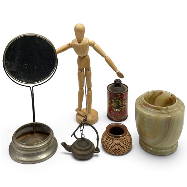 Assorted Collectibles with Wooden Artist Mannequin, Trivet, Teapot, Vase and Tin