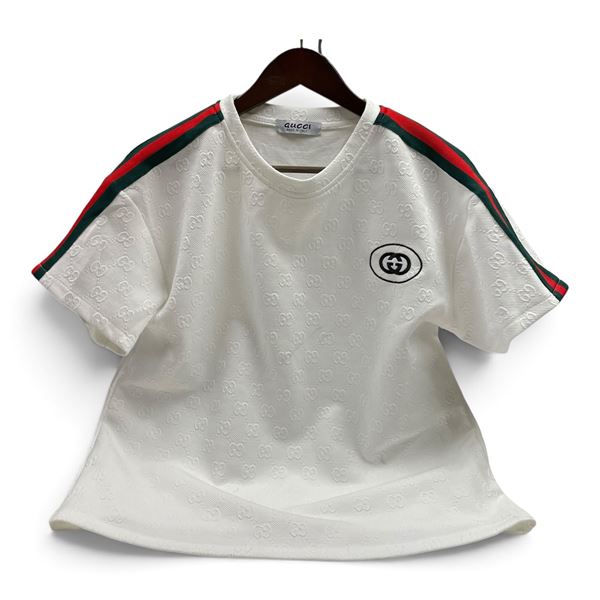Gucci-Labeled White GG Monogram Short-Sleeve Shirt with Green and Red Stripes