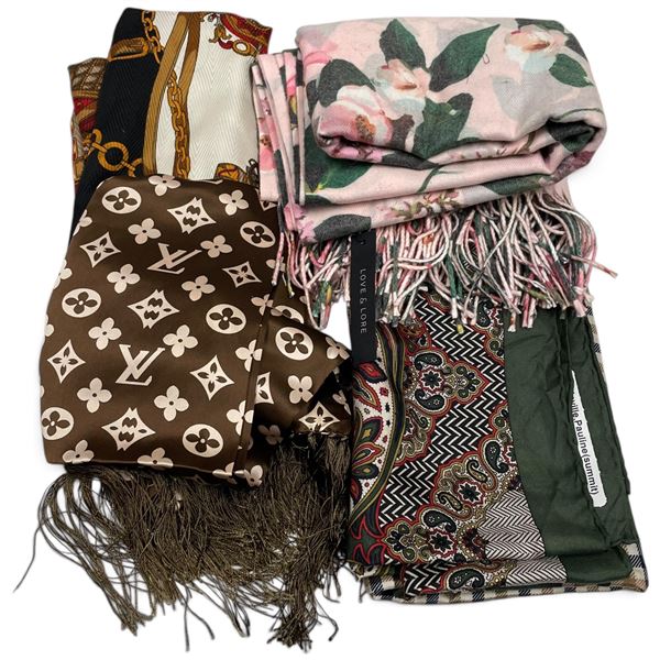 Assorted Fringed Scarves with Monogram, Floral, Paisley and Chain Patterns