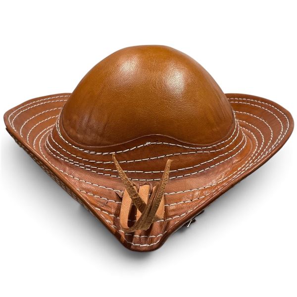 Brown Western-Style Hat with White Stitching and Star Conchos