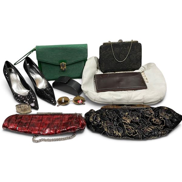 Assorted Handbags, Clutches, Wallet, Heels, Sunglasses and Bracelet