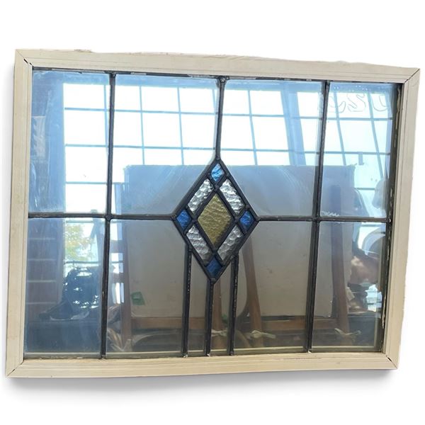 Framed Geometric Stained Glass Panel with Blue and Amber Accents