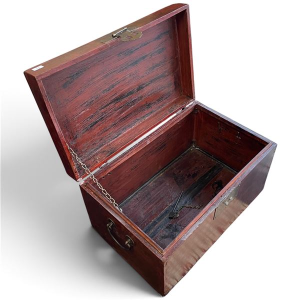 Wooden Trunk Chest with Hinged Lid and Brass-Tone Hardware