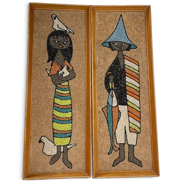 Group of 2 Framed Wall Art - Girl with Doves and Boy with Fish, H25" x 9" Each