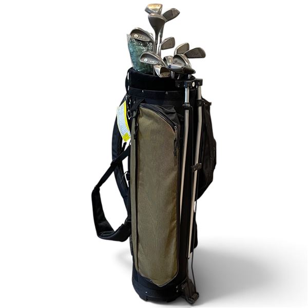 Group of Assorted Golf Clubs with Stand Bag - TNT Irons, Alien Touch Shot Wedge, Metal Woods