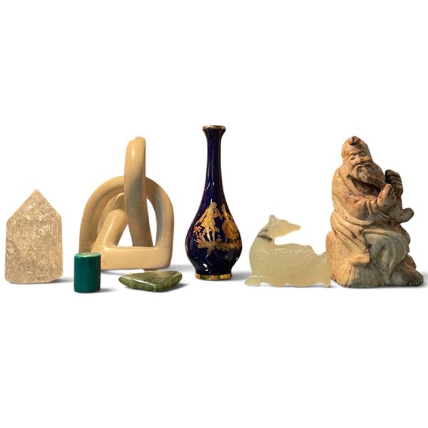 Group of Assorted Asian Decorative Articles - Carved Laughing Buddha, Blue Vase, Carved Abstract Sto