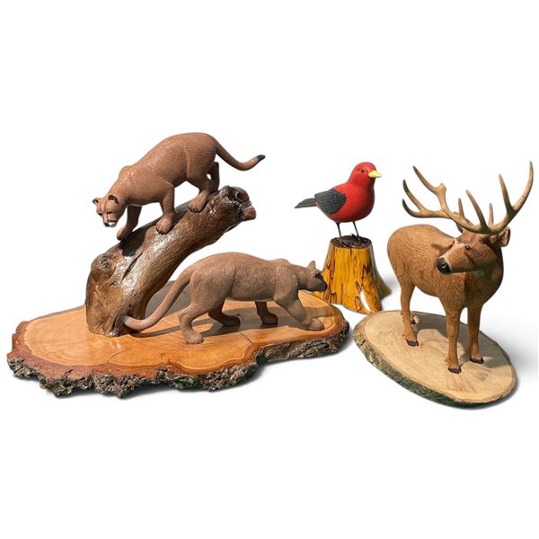 Group of 3 Carved Wood Wildlife Sculptures by C.E. Hiebert - Cougar, Bird, and Deer