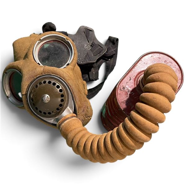 Vintage Canvas Gas Mask with Hose and Metal Filter Canister