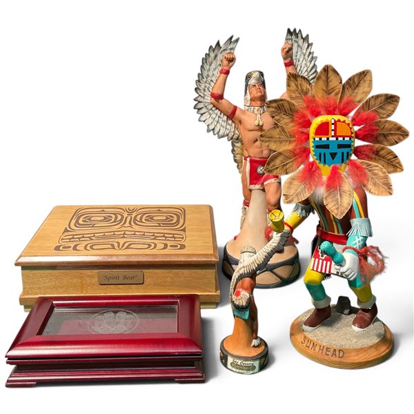 Group of 5 Native Collectibles - Sun Head Kachina, 2 Ski Country Eagle Dancer Bottles & 2 Wood Boxes