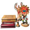 Image 1 : Group of 5 Native Collectibles - Sun Head Kachina, 2 Ski Country Eagle Dancer Bottles & 2 Wood Boxes