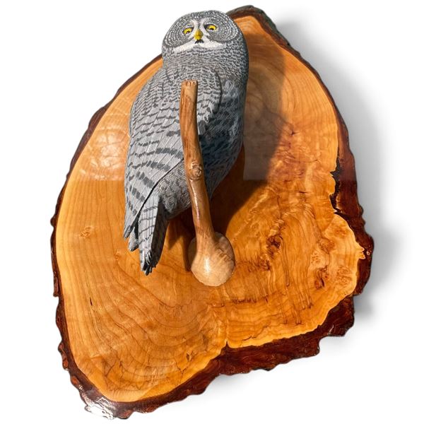 Hand Carved & Painted Owl Sculpture on Live Edge Wall Plaque by C. E. Hiebert -7" x 11" x 16" tall