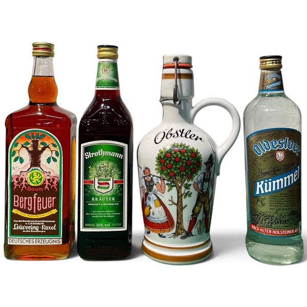 Group of 4 Unopened German Liqueur and Spirit Bottles - Obstler, Baum Bergfeuer, Oldesloer Kummel an