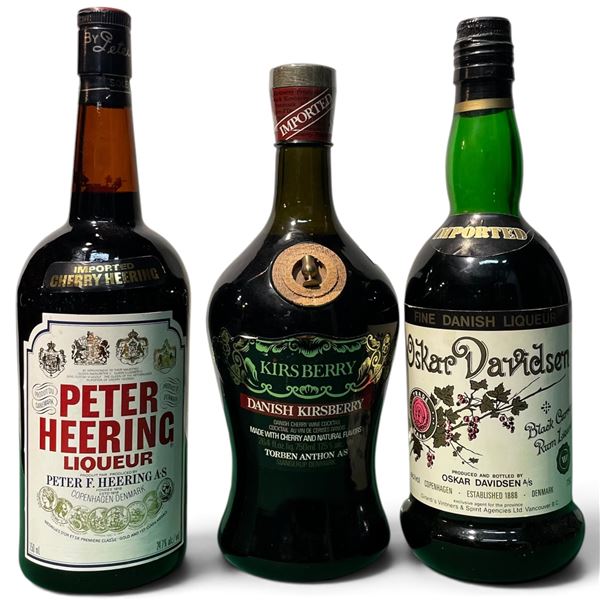 Group of 3 Danish Liqueur Bottles - Peter Heering Cherry Heering, Oskar Davidsen Fine Danish Liqueur